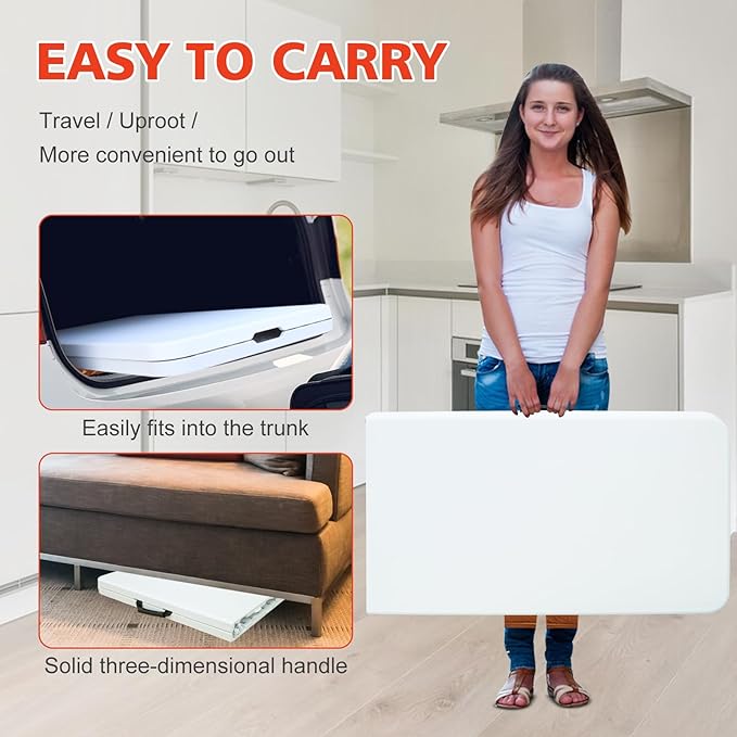 Portable 8Ft Plastic Folding Table, Heavy Duty 8ft Fold-in-Half Table with Carrying Handle, 8' Folding Utility Foldable Table for Picnic Party Camping Kitchen, Indoor/Outdoor (White)