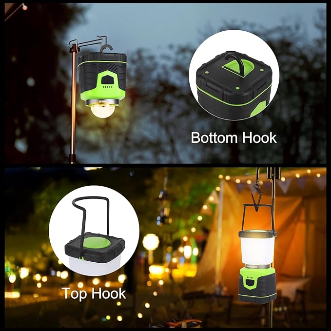 1000LM Battery Powered Lantern, 4 Lighting Modes, IPX4 Waterproof, Battery Operated Lantern with Battery Indicator for Outdoor Camping, Hiking, Carabiner Clip Included