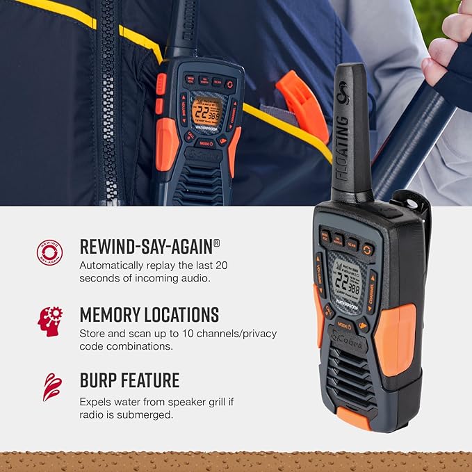 Cobra ACXT1035R FLT Floating and Waterproof Walkie Talkies for Adults & Compatible Cobra Surveillance Headset: Rechargeable, 22 Channels, Long-Range, 2 Two-Way Radios, 2 Headsets, Black/Orange