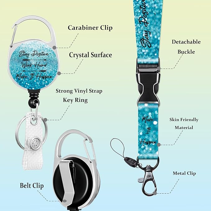 Blue Positive Badge Holder Lanyard ID Card Holders Detachable Name Tag Clips Cute Funny Nurse Teacher Office Gifts Women Man Cate Badge Holder
