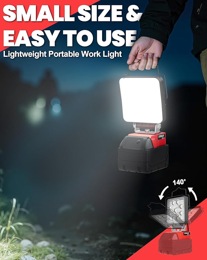LIVOWALNY Portable LED Work Light Compatible with Milwaukee 18V Battery, 48W 4800LM Cordless Flood Light Flashlight with Low Voltage Protection USB & Type C Charger Port for Construction, Emergency