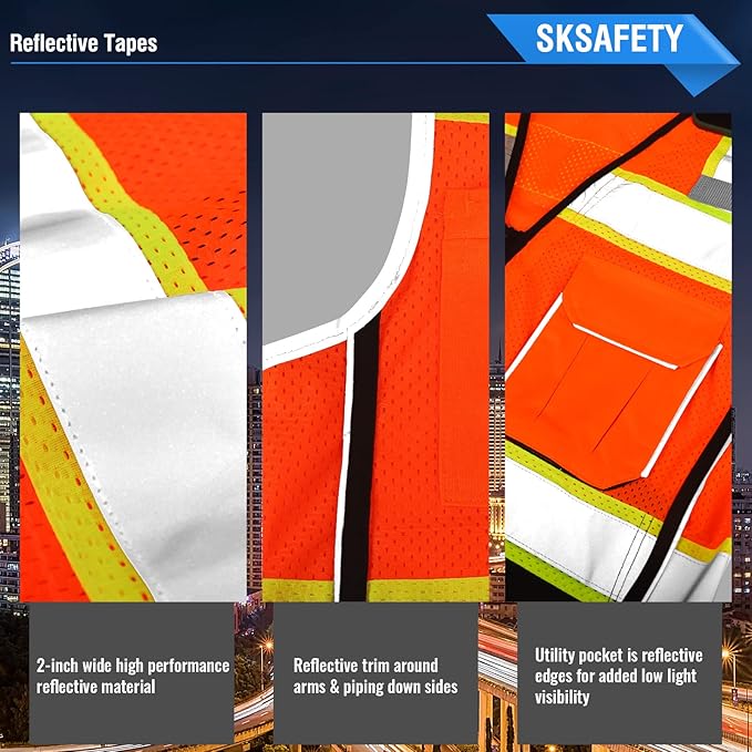 SKSAFETY 10 Pockets Professional level Safety Vest, Class 2 High Visibility Security Vest with Zipper, Hi Vis Vest with Reflective Strips, ANSI/ISEA Standard, Construction Work Vest（Orange Black, XL）