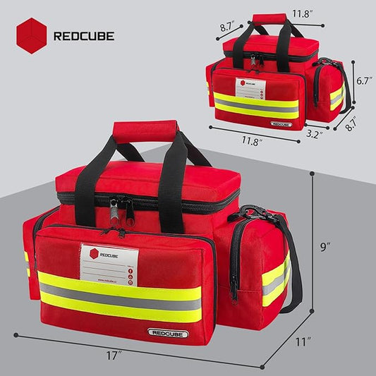 REDCUBE Emergency Bag - First Aid Bags Empty - First Responder Bag for Trauma, Professional Multiple Compartment Kit Carrier For Emergency Medical Supplies (Red)