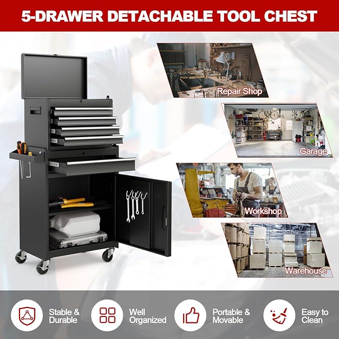 Goplus Tool Chest, 5 Drawers Rolling Tool Cabinet with Detachable Top Toolbox, Universal Lockable Wheels, Lock Bar, Protective Liner & Tool Rack, Metal Tool Storage Cart, Tool Box for Garage Workshop