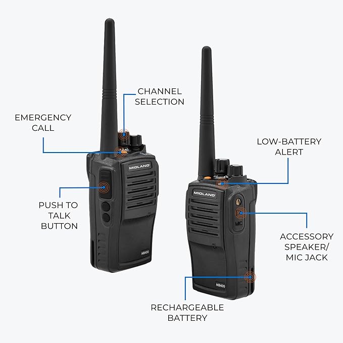 Midland – MB400 - Business Two-Way Radio - Easy to Program - Long-Range 16 Channels Coverage for up to a 350,000 Square Foot Warehouse Construction Hospitality and Event Management - IP67 Waterproof