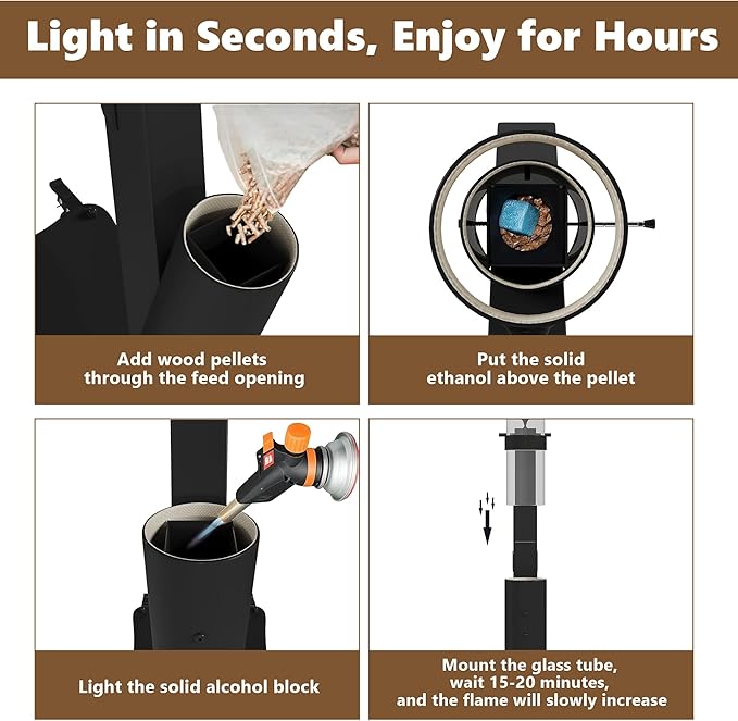 Patio Heater with Clean Ash System, Portable Wood Pellet Patio Heater - Rocket Stove & Glass Tube Outdoor Fire Pit for Backyard, Camping, Deck, Garden, All Seasons