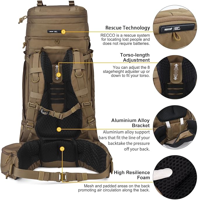 Mardingtop 75L Military Internal Frame Backpack for Men, Cordura Tactical Backpack with Recco for Snowboarding,Hiking,Camping