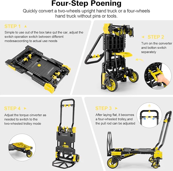 2-in-1 Folding Hand Truck Dolly 330LB Load Carrying, Hand Truck Foldable Dolly with Retractable Handle and 4 Rubber Wheels, Portable Folding Hand Cart for Moving/Travel/Office (Yellow)