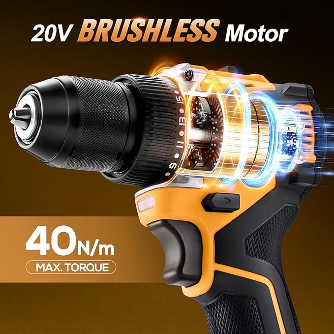 20V Yellow Brushless Cordless Drill Set (2-Piece) - Compact Power Drill Driver with 2.0Ah Battery, Power Drill Set with Battery and Charger & 3/8" Keyless Chuck，Yellow