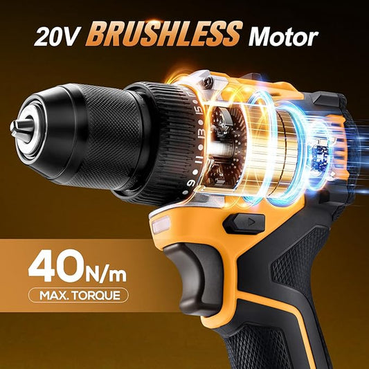 20V Yellow Brushless Cordless Drill Set (2-Piece) - Compact Power Drill Driver with 2.0Ah Battery, Power Drill Set with Battery and Charger & 3/8" Keyless Chuck，Yellow