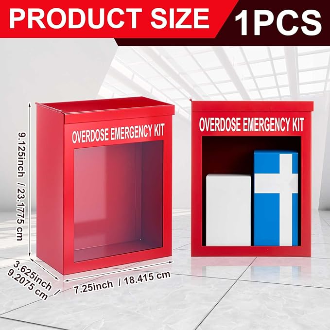 Zonon 1 Pcs Naloxone Overdose Kit Non Locking Cabinet Wall Mountable Break in Case of Emergency Box Opioid Overdose with Acrylic Window 7 1/4 x 9 1/8 x 3 5/8 Inches Medication Not Included (Red)