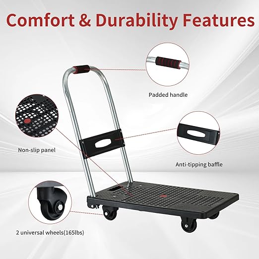 Push Cart Dolly - Lightweight Foldable Flatbed Platform Cart with 360 - Degree Rotating Wheels for Moving in Food Truck and Trailer, 165 lbs Load Capacity, Black