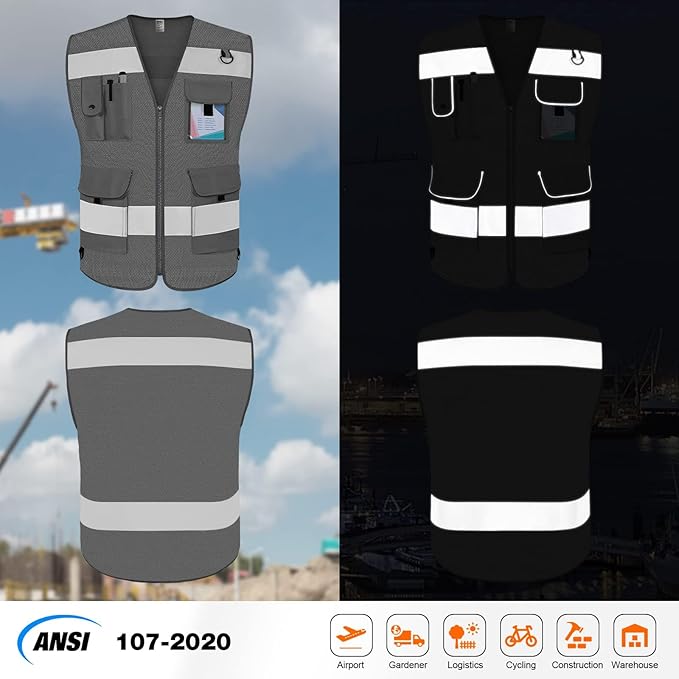 TCCFCCT Mesh Hi Vis Vest 9 Pockets High Visibility Reflective Safety Vest for Men Women, Safety Construction Vest with Reflective Strips, Meets ANSI/ISEA Standards, (Grey, Medium)