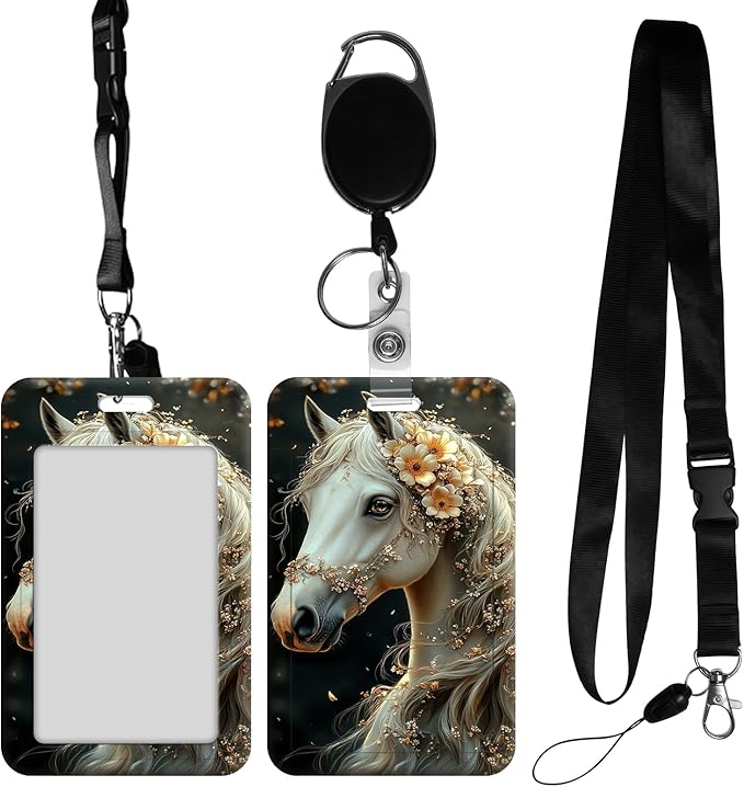 ID Badge Holder with Retractable Lanyard for Women & Men,Vertical ID Card Holder Wallet,Clear Window&Card Slot,Detachable Neck Strap for Nurse Teacher Office,Floral White Horse