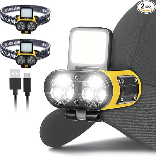LED Hat Light, 900lm, 2 pcs Dimmable Clip on Cap Lights, Headlamp Rechargeable, 180°Adjustable Hands Free Hat Flashlight Headlamp Waterproof for Hiking, Running, Fishing, Cycling, Emergency (Yellow)