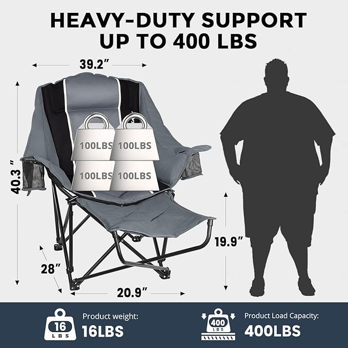 Camping Chair with Removable Footrest, Oversized Outdoor Chair with Headrest & Cup Holders, 400lb Capacity Lawn Chair for Sports Backyard Fishing