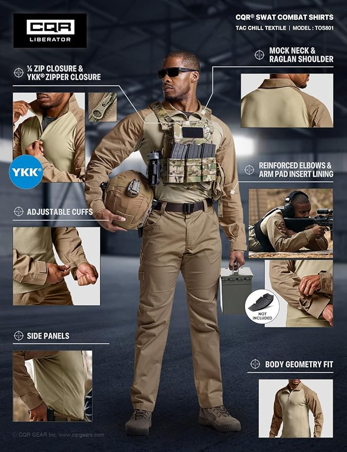CQR Men's Combat Shirt Tactical 1/4 Zip Long Sleeve Military BDU Shirts Camo EDC Top with Pockets