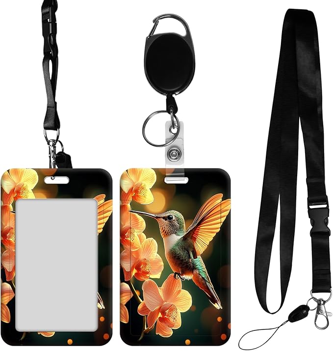 ID Badge Holder with Retractable Lanyard for Women & Men,Vertical ID Card Holder Wallet,Clear Window&Card Slot,Detachable Neck Strap for Nurse Teacher Office,Hummingbird Orchid Glow