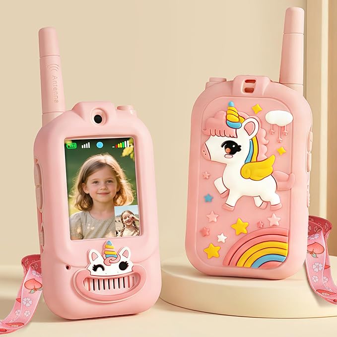 Video Walkie Talkies for Kids with Screen - Rechargeable 2 Pack Intercom with Voice Changer, Camping & Travel Toy Gift for Boys Age 3-8 (Unicorn Pink)