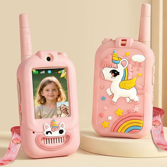 Video Walkie Talkies for Kids with Screen - Rechargeable 2 Pack Intercom with Voice Changer, Camping & Travel Toy Gift for Boys Age 3-8 (Unicorn Pink)