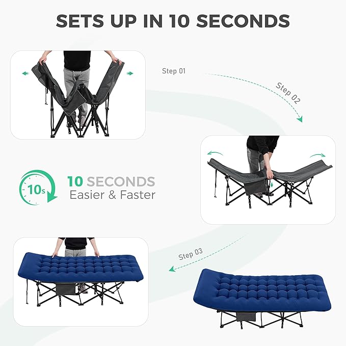 JEAREY 2-Piece Folding Camping Cot for Sleeping, Heavy Duty Camping Cots for Adults with Mattress, 1200D Double Layer Oxford Portable Folding Cot Bed with Carry Bag for Guest, Travel, Hiking, Navy