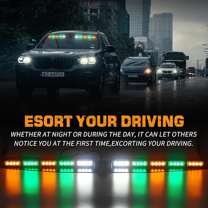 XRIDONSEN 34 inch Amber Green Emergency Visor Strobe Lights 40 LED Warning Flashing Hazard Safety Light Interior Front Windshield Lights w/White Take Down for Tow/Plow Trucks Construction Vehicles