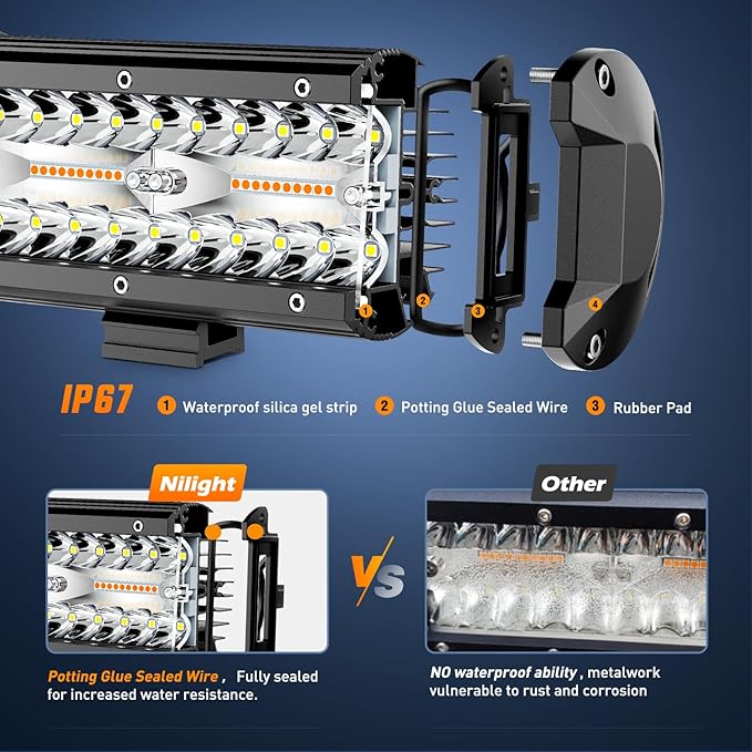 Nilight 6.5Inch Off-Road LED Light Bar, 2PCS 120W 3 Lighting Modes (White/Amber/White&Amber) Driving Fog Light Spot Flood Lights with 18AWG Wiring Harness for Truck Car ATV SUV Jeep Boat