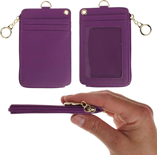 2-in-1 ID Badge Holder & Lanyard Wallet - Multi-Use Womens Small Wallet with Removable Wristlet & Neck Lanyard, Clear Window, 5 Card Slots, Phone Holder, Ring Keychain - Deep Purple