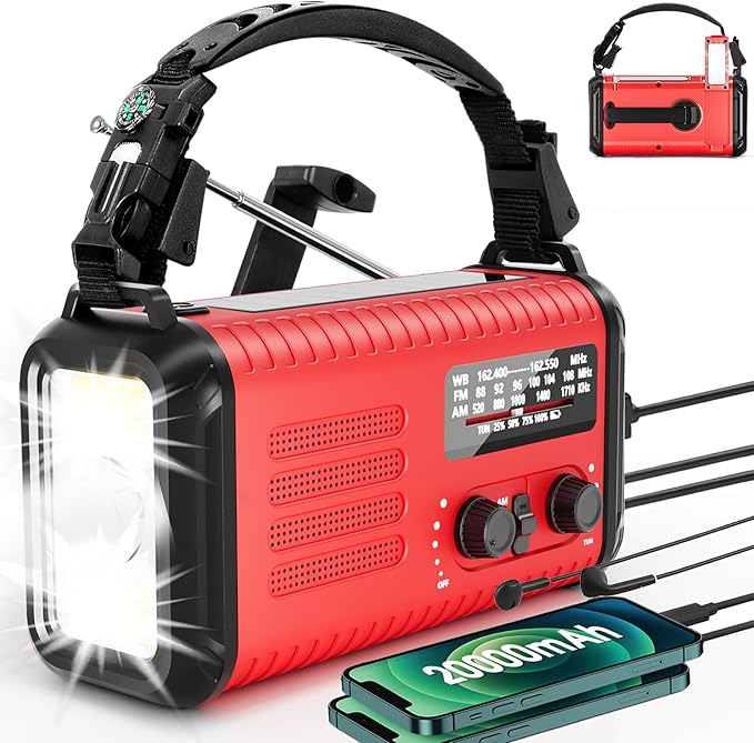 Emergency Hand Crank Weather Radio 20000mAh/74000mWh AM/FM/NOAA Solar Powered Radio with Phone Charger, SOS Alarm Emergency LED Flashlight, Reading Lamp Headphone Jack for Hurricanes Emergencies
