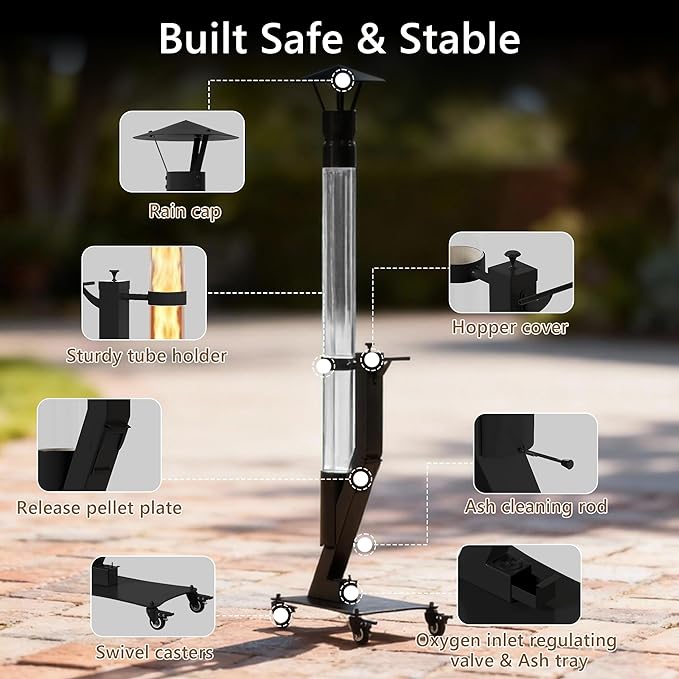 Patio Heater with Clean Ash System, Portable Wood Pellet Patio Heater - Rocket Stove & Glass Tube Outdoor Fire Pit for Backyard, Camping, Deck, Garden, All Seasons