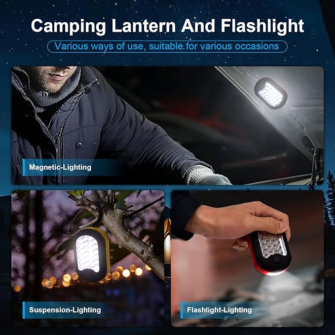 EXTRASTAR 3-in-1 LED Camping Light, Magnetic Work Light, Flashlight with Hook,120 Lumen. 2 Light Modes, Water Resistant, Battery Powered Light for Outdoor, Emergency, Garage, 4 PCS