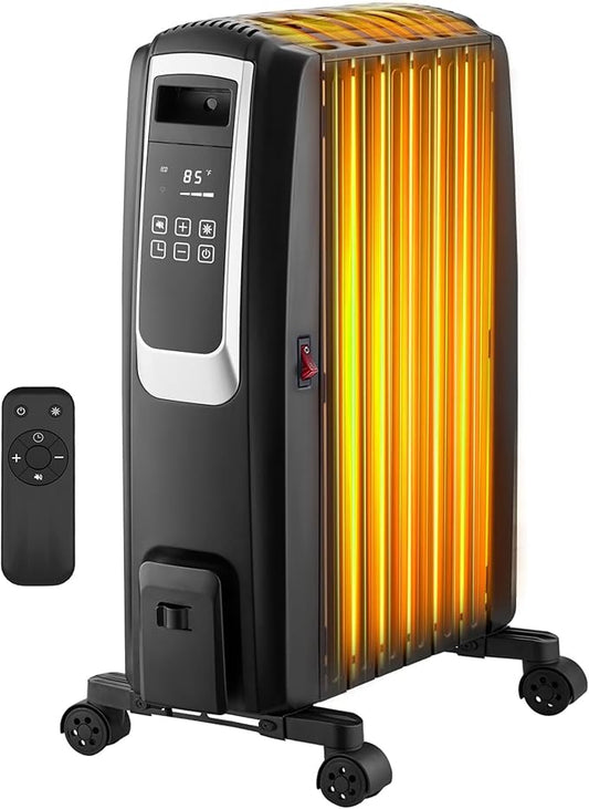 Oil Filled Radiator Heater, Electric Radiant Heaters for Indoor Use Large Room, Portable Space Heater with ECO Mode, Quiet Heating with Remote Control, 24H Timer, Tip-over & Overheat Protection