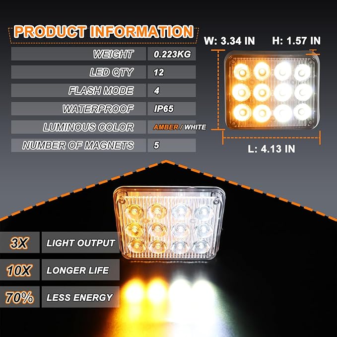 2PCS Magnetic Emergency Strobe Lights Rechargeable Amber White Hazard Warning Lights Magnetic Beacon Strobe Lights for Trucks Trailer Vehicle Car ATV Tow Bus