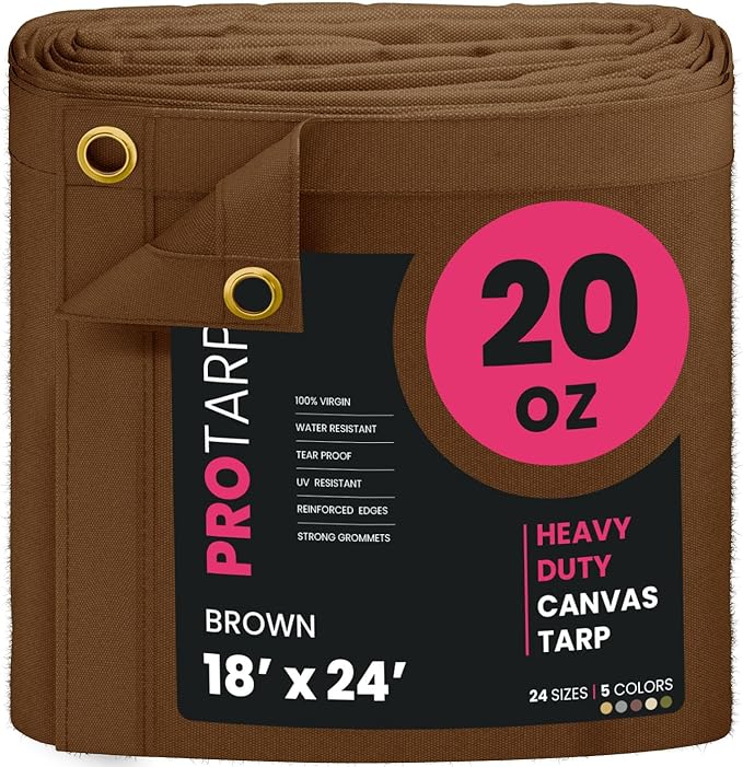 PROTARP Extreme Heavy Duty 20 OZ Water Resistant Canvas Tarp, UV Resistant Tarpaulin Cover with Rustproof Brass Grommets, Multipurpose for Canopy, Roof, Camping, Woodpile (Brown 18'X24')
