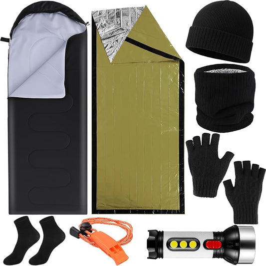 8 Pcs Portable Emergency Thermal Blanket Camping Sleeping Bag Solar Rechargeable Flashlight Emergency Safety Whistle Gloves Scarf Socks Beanie Set for Camping Hiking Travel Hunting (Green)
