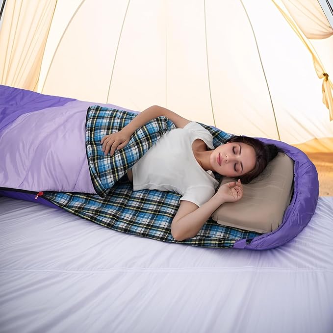 Cotton Flannel Lined Sleeping Bag for Adults Teens Kids, Cold Weather & Warm, 3 Seasons, Lightweight Compact Camping Essentials Equipment, Hiking, Outdoor, Travel