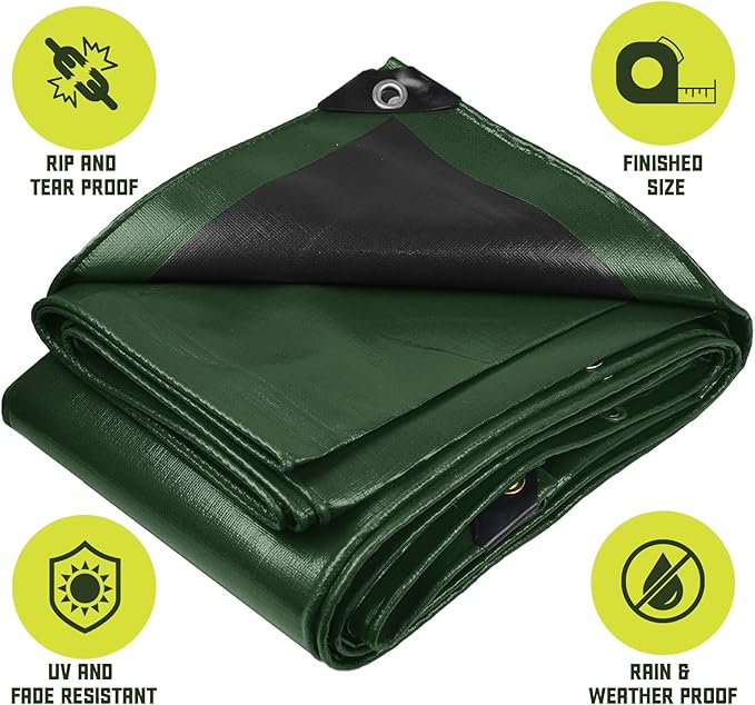 Core Tarps Heavy Duty 8 Mil Tarp Cover, Waterproof, UV Resistant, Rip and Tear Proof, Poly Tarpaulin with Reinforced Edges for Roof, Camping, Patio, Pool, Boat. (Green/Black 12′ X 25′)
