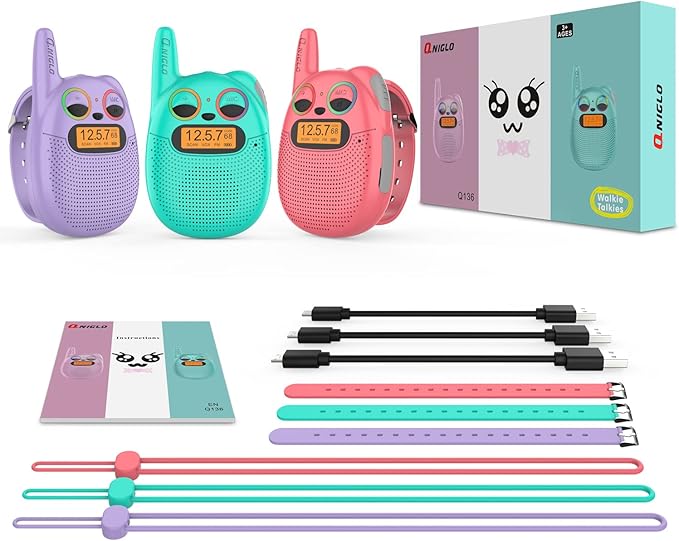 Qniglo Walkie Talkies for Kids Rechargeable, 2 Way Radios Walkie Talkie Watch 3 Miles Long Range, Perfect Outdoor Camping Toys with Lanyard for 3+ Years Old Boys Girls for Hiking Adventures, 3 Pack