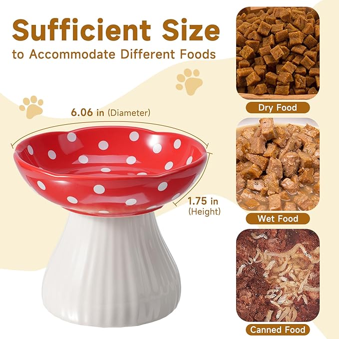 Mushroom Cat Bowl,Whisker Fatigue Cat Bowl,Cute Cat Bowls,Elevated Cat Food Bowl, Lead & Cadmium Free Ceramic Cat Bowls for Food and Water.(Black)