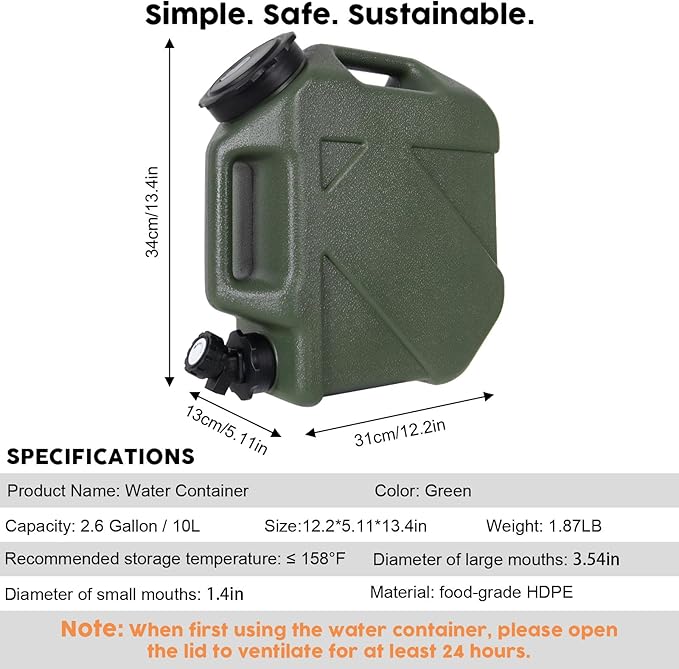 2.6 Gallon Water Jug, Camping Water Container BPA Free Water Storage with Spigot No Leakage Portable Emergency Water Tank for Outdoor Hiking Camping Picnic Supplies Green