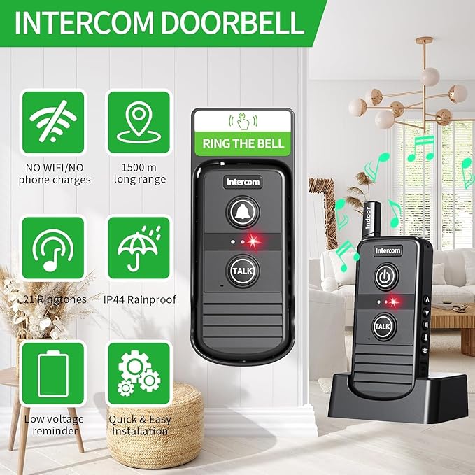 Doorbell Wireless, Intercoms Wireless for Home 4900ft Long Range Wireless Intercom System with Rechargeable Battery,3 Volume Levels,20 Ringtones for House Classroom Business