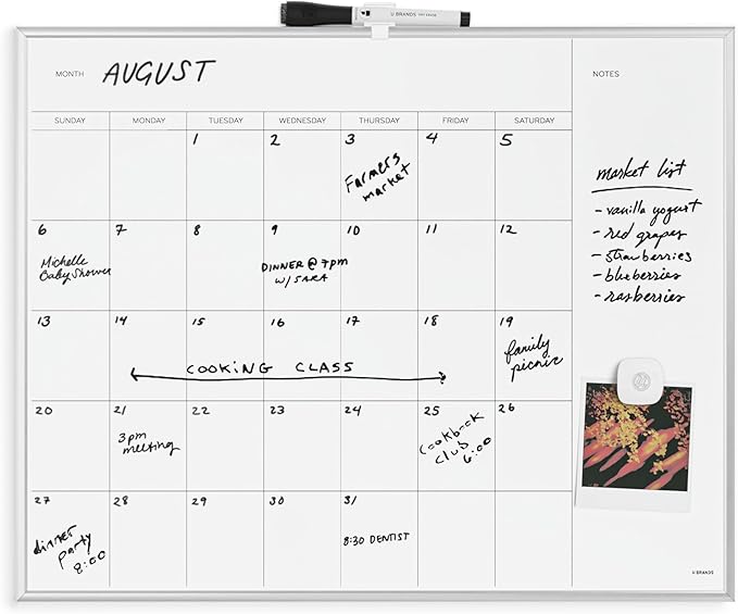 U Brands Magnetic Dry Erase Calendar White Board, 16" x 20", Silver Aluminum Frame, Includes Magnet and Marker