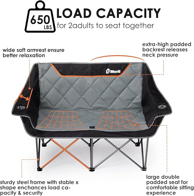 EMERIT Oversized Camping Chair with 650LB Capacity - Heavy Duty Folding Loveseat Camping Couch with Deep Seat & Rip-Resistant Fabric, Padded Comfort, Cup Holders for Outdoor, Lawn & Sports.