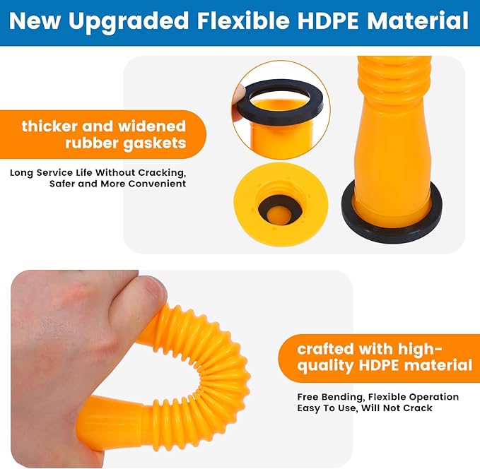Gas Can Spout Replacement 5 Kits, 1/2/5/10 Gallon Gas Can Nozzle Replacement, Leak Proof, HDPE Material, Yellow, 8 Inch Flexible Nozzles, Spout Cover, Base Cap, Screw Collar Caps, Drill Bit