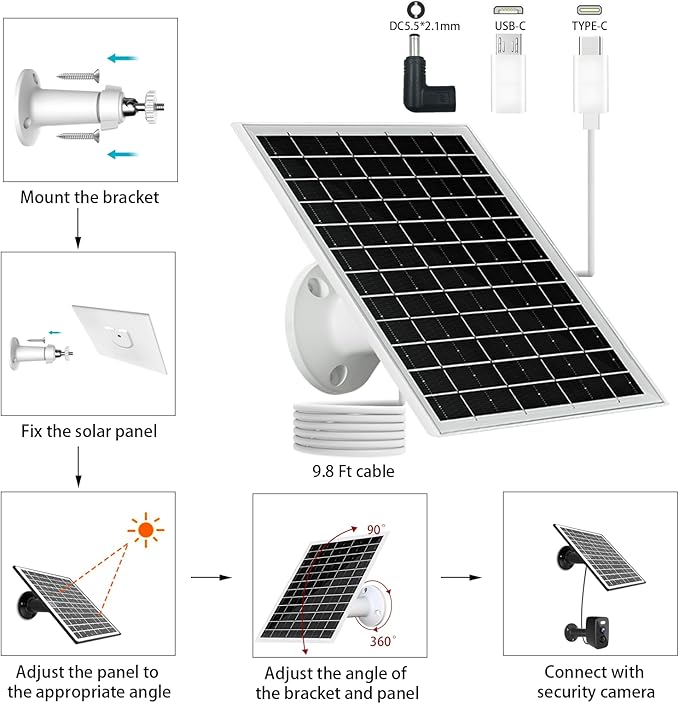 5V 6W USB Solar Panel Portable 5 Volt 6 Watt High Efficiency Monocrystalline Solar Panel Charger Type-C Micro USB C DC Port for Camera Fan Camping Lantern Etc (2 Pack White)