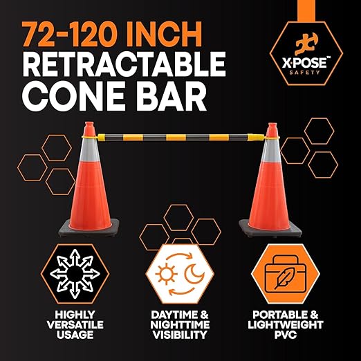 Retractable Barrier for Safety Traffic Cones - 2" OD - Large Yellow and Black Bar Barricade - for Road Construction, Parking, Warning, Temporary Security Divider (360, Yellow & Black, 72" x 120")