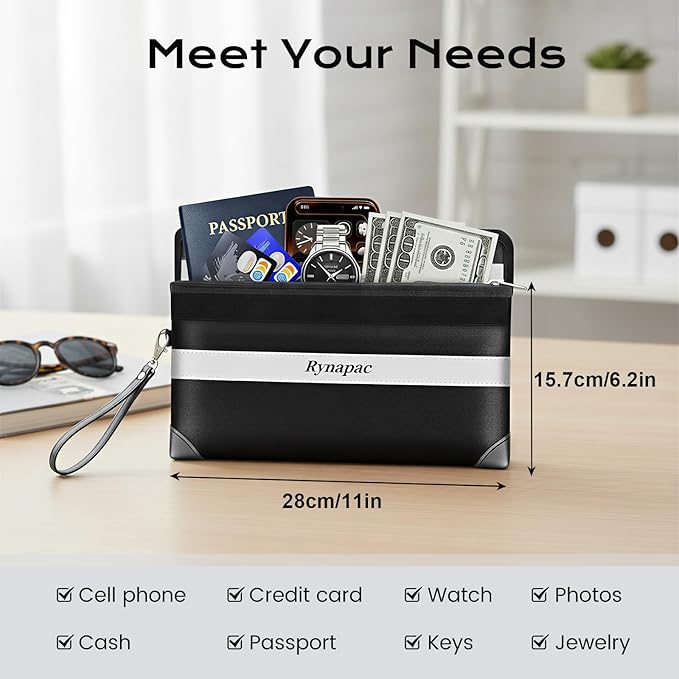 Fireproof Money Bag Upgraded 4200°F, 11”x 6.2” Waterproof money bags with zipper for Travel/Office/Home, Small Fireproof Safe Pouch, Built-in 11 storage pockets for Phone, Cash, Passport, Card