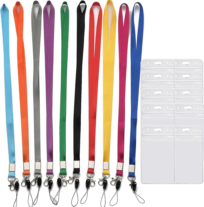 YOUOWO Lanyard with Badge Holders 10 Pack 10 Colours Neck Office Lanyards for Key Kids ID Name Badge USB Stick Whistles,Grey Purple Black Blue Green Orange