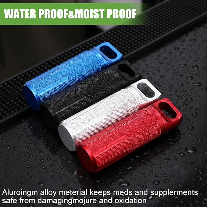 Patelai 4 Pcs Portable Keychain Pill Holder Pill Organizer Travel Waterproof Match Container Aluminum Airtight Keychain Container Travel Size Storage Supplements Holder for Outdoor Camping(Ordinary)