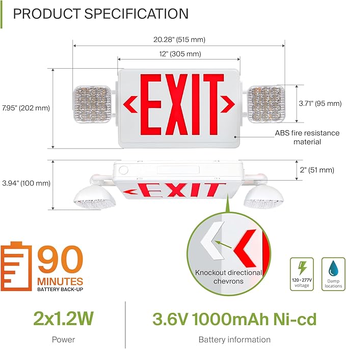 ASD LED Exit Sign with Battery Backup & Square Rotatable Heads - 120-277V UL 2.2W Double Face Emergency Exit Light for Business, Commercial Damp Location Power Outage Lights, Red, 6 Pack